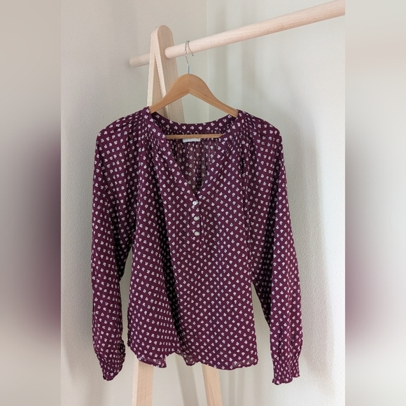 Sonoma Tops - Floral Smocked Wrist Henley with 1/4 Button Down Closure In Plum